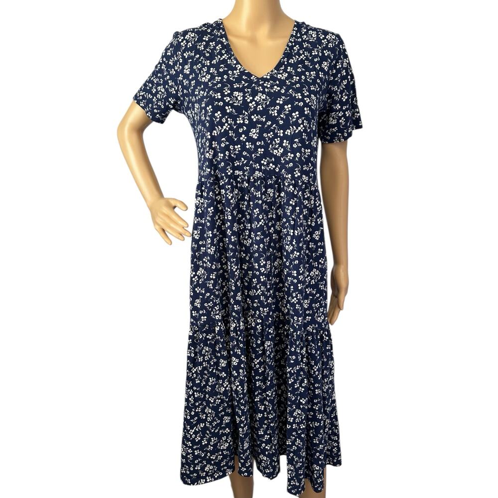 J. Crew V-neck Tiered Knit Cotton Midi Dress Navy Blue Floral AV658 Size M - Picture 4 of 13